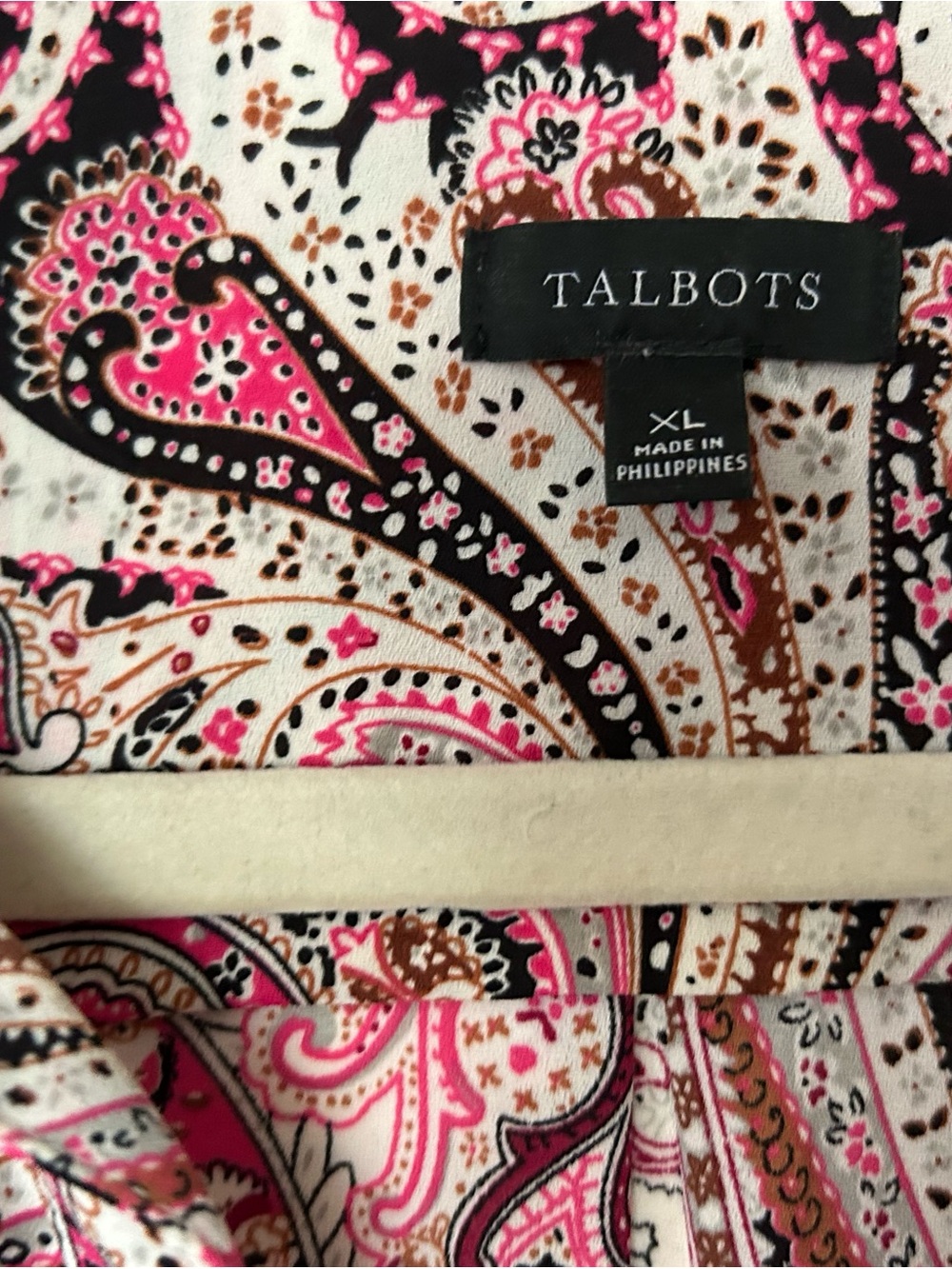 Talbots XL Pink Brown Paisley Long-Sleeve Button Blouse Collar chest pockets - Picture 4 of 6